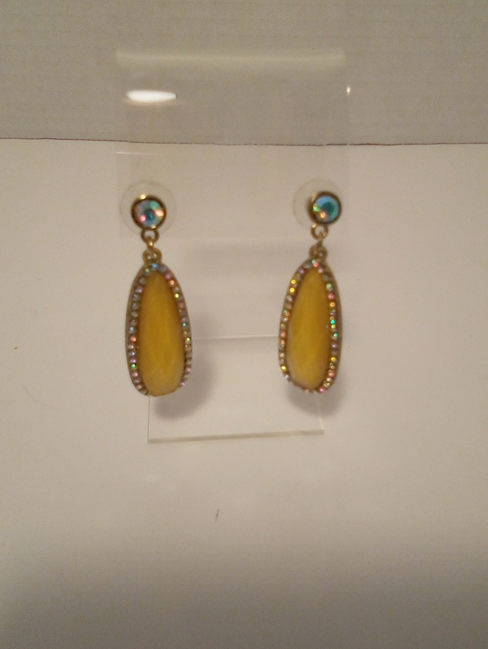 Fashion Gold Tone Earrings Iridescent Light Yellow And Rhinestones Approx 2"